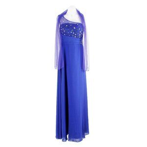 FabuLuxe Sz XL Blue Beaded One Shoulder Lined Long Poly Tulle Accent Dress